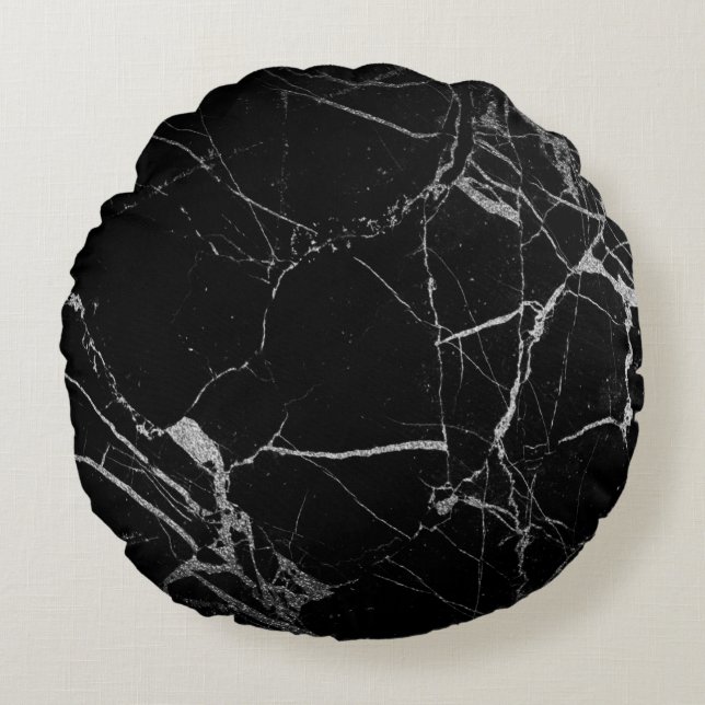 Zwart en zilveren adermarmer rond kussen (Voorkant)