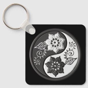 Zwart en Zilveren Bloem Yin Yang Sleutelhanger