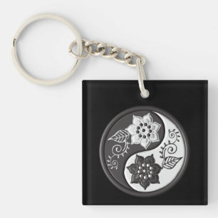 Zwart en Zilveren Bloem Yin Yang Sleutelhanger