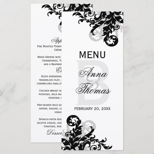 Zwart en zilveren bloemkaart menu (Voorkant / Achterkant)
