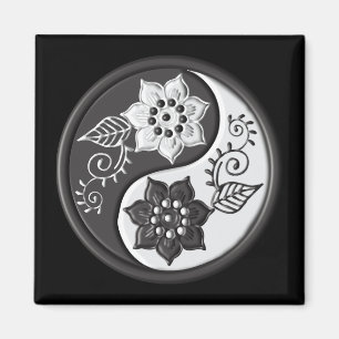 Zwart en Zilveren Bloemmotief Yin Yang Magneet