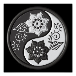 Zwart en Zilveren Bloemmotief Yin Yang Perfect Poster