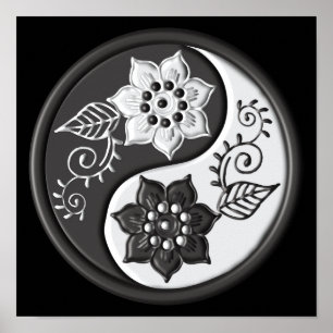 Zwart en Zilveren Bloemmotief Yin Yang Poster