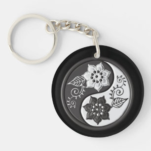 Zwart en Zilveren Bloemmotief Yin Yang Sleutelhanger
