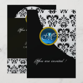 ZWART EN ZILVEREN DAMAST MONOGRAM,blauwe saffier Kaart