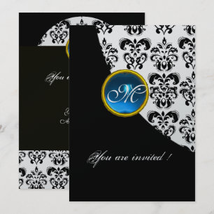 ZWART EN ZILVEREN DAMAST MONOGRAM,blauwe saffier Kaart