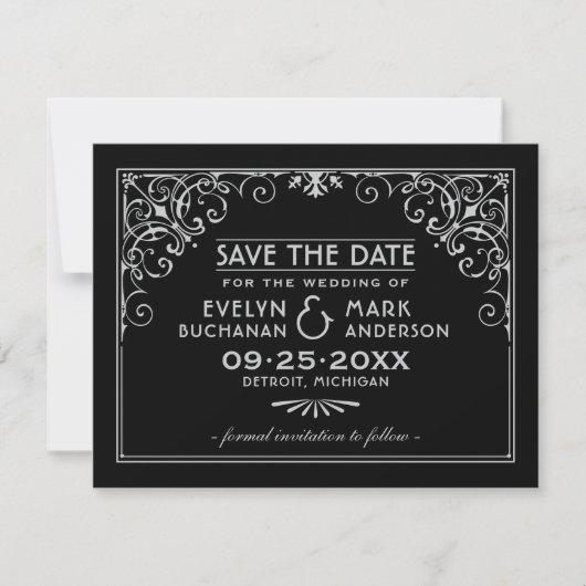 zwart en zilveren decobruiloft save the date (Voorkant)