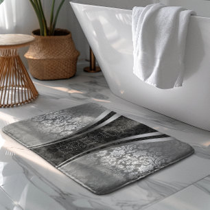 Zwart en zilvergrijs bloemdamast patroon badmat