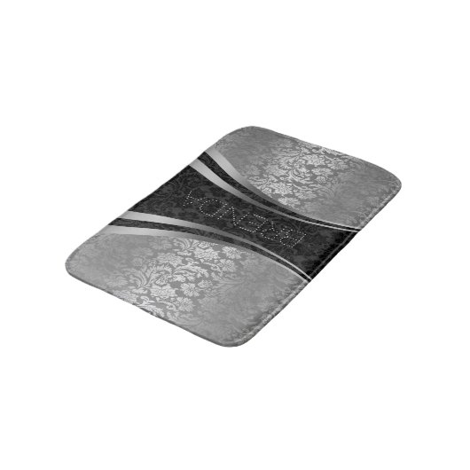 Zwart en zilvergrijs bloemdamast patroon badmat (Gekanteld)