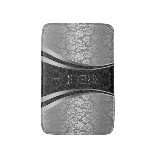 Zwart en zilvergrijs bloemdamast patroon badmat (Voorkant Verticaal)
