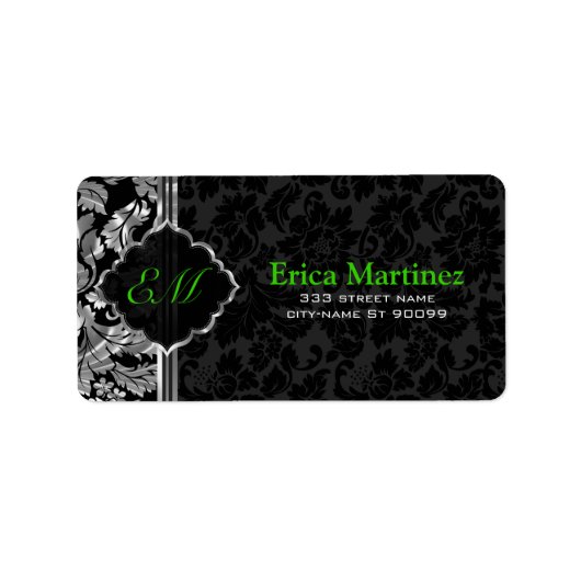 Zwart en Zilvergrijs  Bloemen Damasks 2 Etiket (Voorkant)