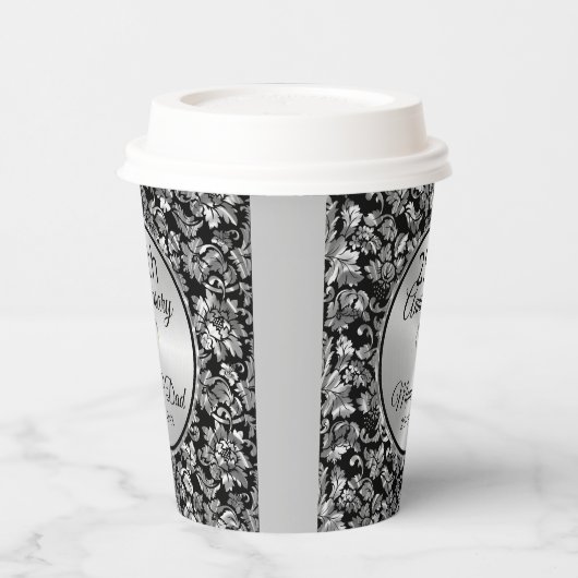 Zwart en zilvergrijs Damask 25e Jubileum Pape Papieren Bekers (Links)
