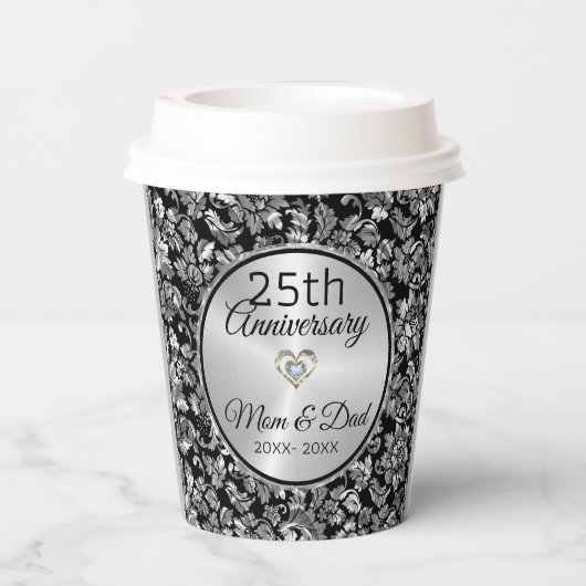 Zwart en zilvergrijs Damask 25e Jubileum Pape Papieren Bekers (Achterkant)