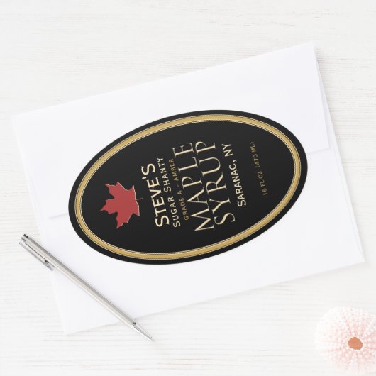 Zwart esdoornsiroop label met rood blad (Envelop)