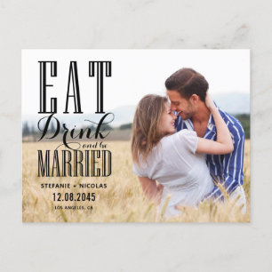 Zwart Eten Drinken en Getrouwd Foto Bewaar de Datu Uitnodiging Briefkaart