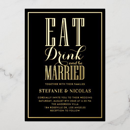 Zwart eten, Drinken en trouwen Folie Uitnodiging (Voorkant)