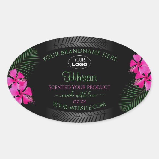 Zwart etiket Roze bloemen Groene bladeren Logo (Voorkant)