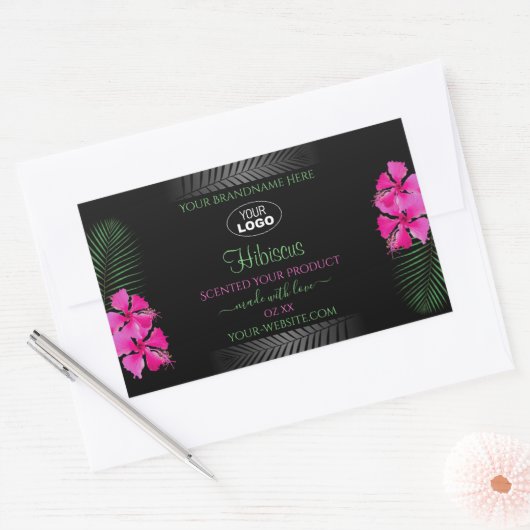 Zwart etiket Roze bloemen Groene bladeren Logo (Envelop)