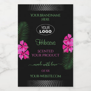 Zwart etiket Roze bloemen Groene bladeren Logo