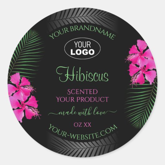 Zwart etiket Roze bloemen Groene bladeren Logo (Voorkant)