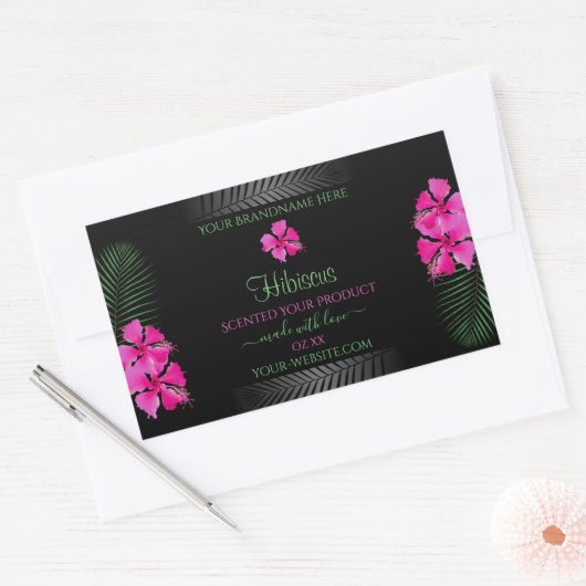 Zwart etiket Roze bloemen Groene palmbladeren (Envelop)