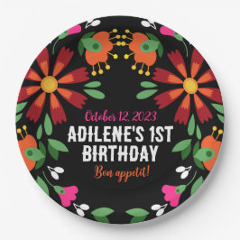 Zwart Etnisch Bloem Fiesta Mexicaans Borduurwerk Papieren Bordje