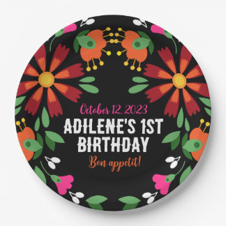 Zwart Etnisch Bloem Fiesta Mexicaans Borduurwerk Papieren Bordje