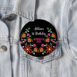Zwart Etnisch Bloem Fiesta Mexicaans Borduurwerk Ronde Button 4,0 Cm
