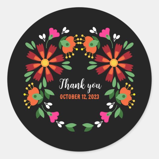 Zwart Etnisch Bloem Fiesta Mexicaans Borduurwerk Ronde Sticker (Voorkant)