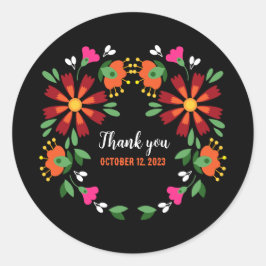 Zwart Etnisch Bloem Fiesta Mexicaans Borduurwerk Ronde Sticker