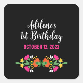 Zwart Etnisch Bloem Fiesta Mexicaans Borduurwerk Vierkante Sticker