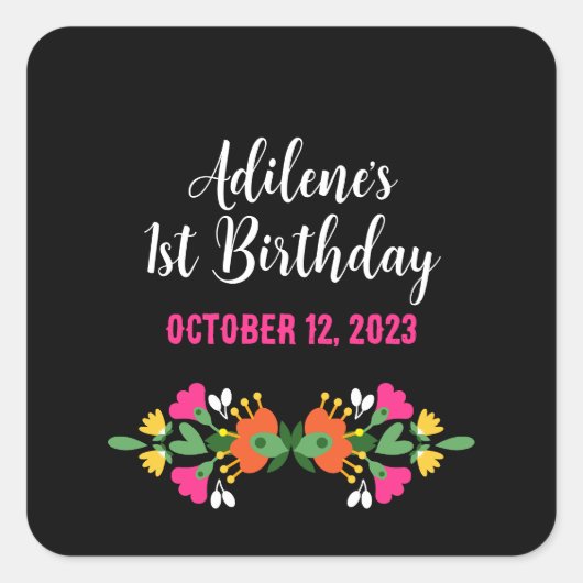 Zwart Etnisch Bloem Fiesta Mexicaans Borduurwerk Vierkante Sticker (Voorkant)