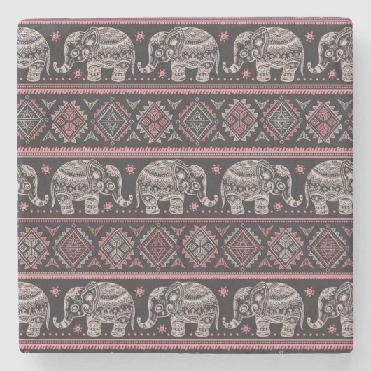 Zwart etnisch olifantenpatroon stenen onderzetter (Voorkant)