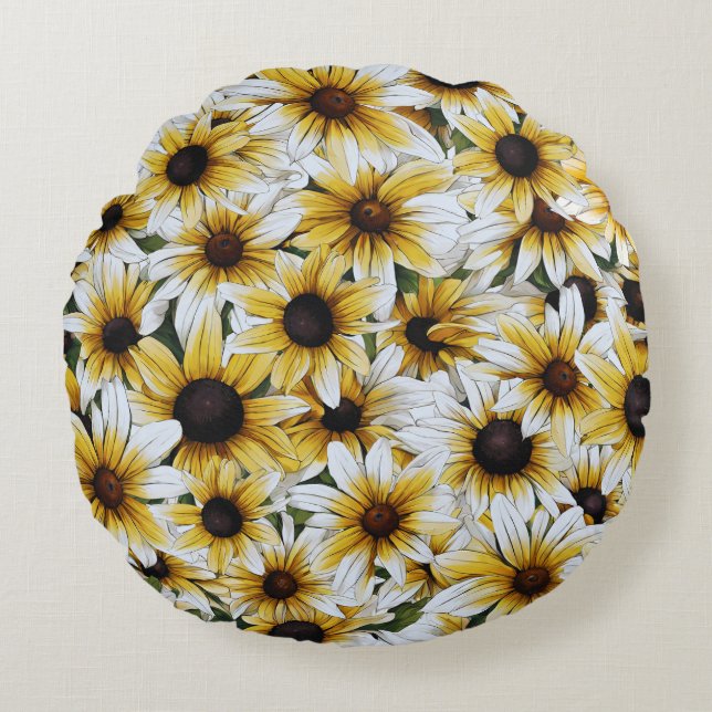 Zwart Eyed Susan Blooming Rond Kussen (Voorkant)