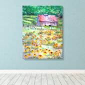 Zwart-eyed Susans Wildflower Barn Waterverf Canvas Afdruk (Insitu (Houten vloer))