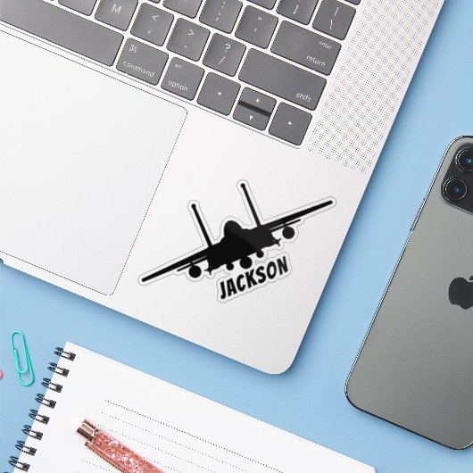 Zwart F-15E Strike Eagle Front Silhouet Naam Sticker (Laptop met iPhone)