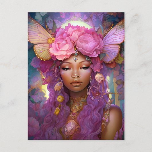Zwart Fairy Queen Roze Paarse Fantasy Art Briefkaart (Voorkant)