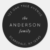 Zwart familienaam retouradres modern ronde sticker (Voorkant)