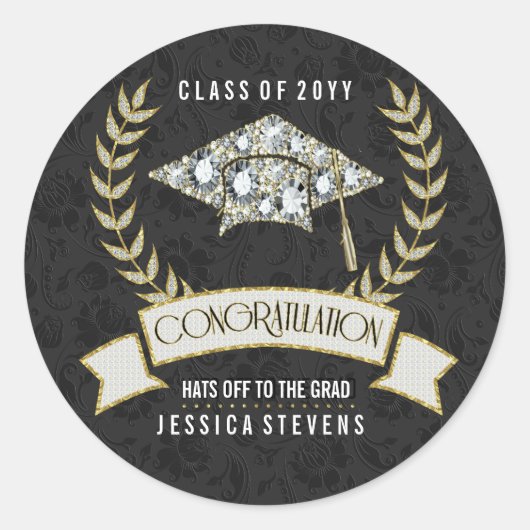 Zwart &Faux Damsons en Gold Afstuderen Pet Ronde Sticker (Voorkant)