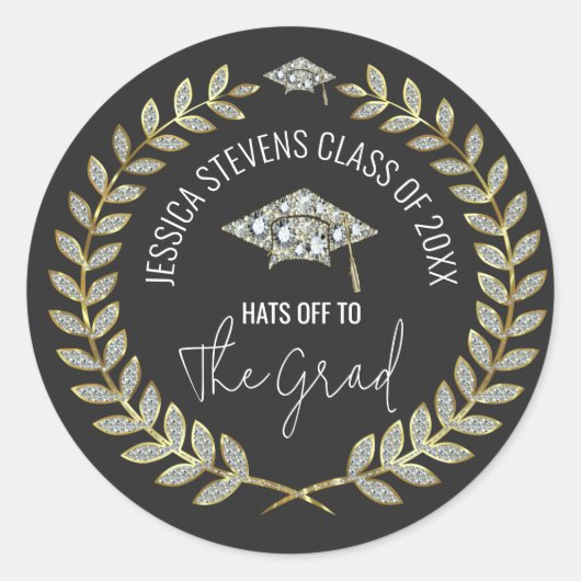 Zwart & Faux Damsons Goud Afstuderen Pet Krans Ronde Sticker (Voorkant)