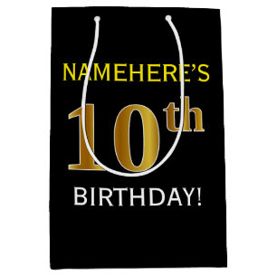 Zwart, Faux Gold 10th Birthday + Aangepaste naam Medium Cadeauzakje
