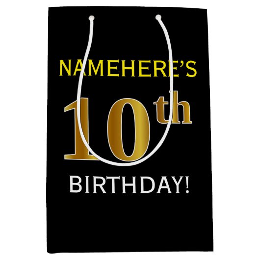 Zwart, Faux Gold 10th Birthday + Aangepaste naam Medium Cadeauzakje (Voorkant)