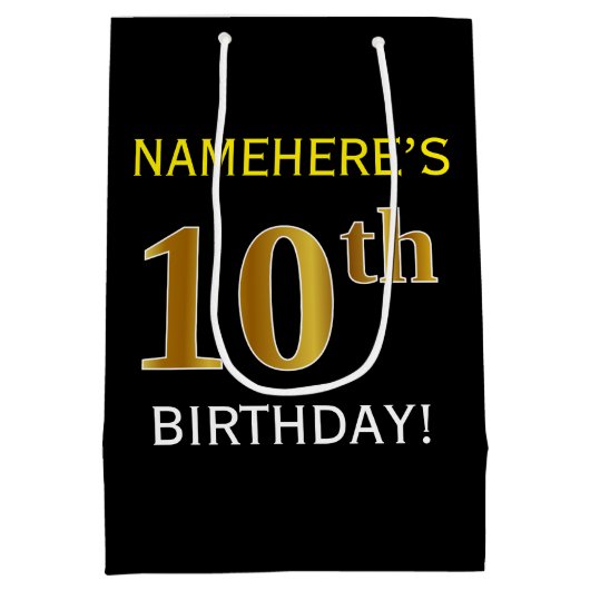 Zwart, Faux Gold 10th Birthday + Aangepaste naam Medium Cadeauzakje (Achterkant)