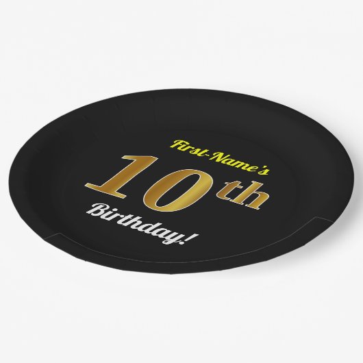 Zwart, Faux Gold 10th Birthday + Aangepaste naam Papieren Bordje (Gekanteld)
