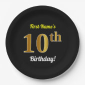 Zwart, Faux Gold 10th Birthday + Aangepaste naam Papieren Bordje (Voorkant)