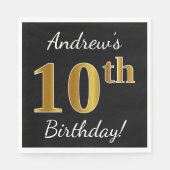 Zwart, Faux Gold 10th Birthday + Aangepaste naam Servetten (Voorkant)