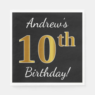 Zwart, Faux Gold 10th Birthday + Aangepaste naam Servetten