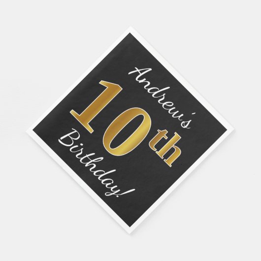 Zwart, Faux Gold 10th Birthday + Aangepaste naam Servetten (Hoek)