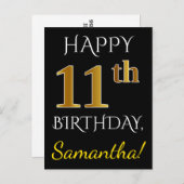 Zwart, Faux Gold 11e verjaardag + Aangepaste naam Briefkaart (Voorkant / Achterkant)