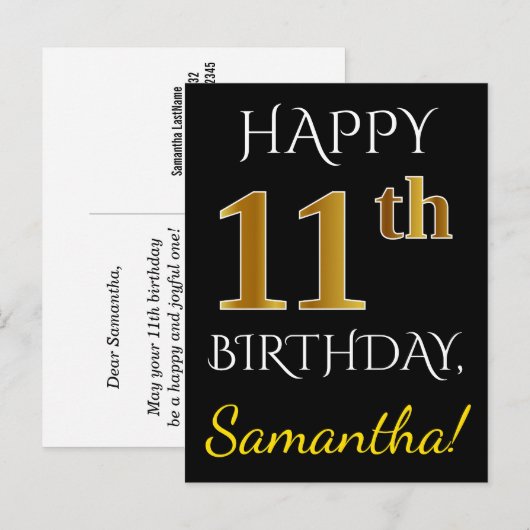 Zwart, Faux Gold 11e verjaardag + Aangepaste naam Briefkaart (Voorkant / Achterkant)